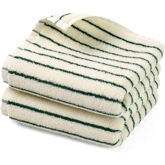 Cotton hand towels set of 2 absorbent green striped bathroom kitchen tea towels - Picture 1 of 8